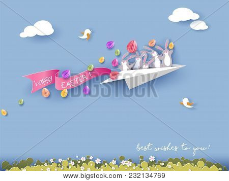 Happy Easter Card With Bunny Flying On Paper Airplane On Blue Sky Background. Vector Illustration. P