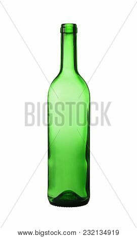 Close Up One Unlabeled Empty Green Glass Wine Bottle Isolated On White Background, Low Angle Side Vi