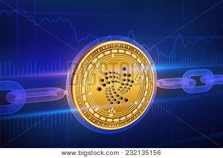Crypto Currency. Block Chain. Iota. 3d Isometric Physical Golden Iota Coin With Wireframe Chain. Blo
