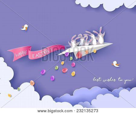 Happy Easter Card With Bunny Flying On Paper Airplane On Purple Sky Background. Vector Illustration.