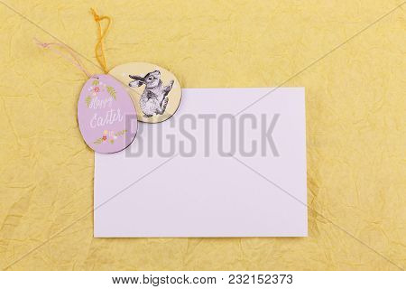 Easter Greetings Card. Yellow Background. Collorfull Easter Eggs