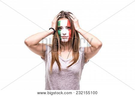 Woman Supporter Fan Of Mexico National Team Painted Flag Face Get Unhappy Sad Frustrated Emoitions I