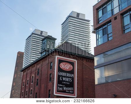 Toronto, Canada - December 21, 2016: Entrance To The Old Distillery District Of Toronto Surrounded B