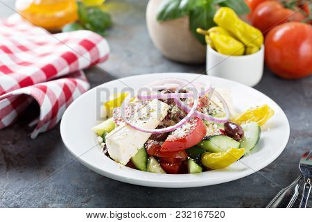 Greek Salad With Fresh Vegetables, Olives And Feta Cheese