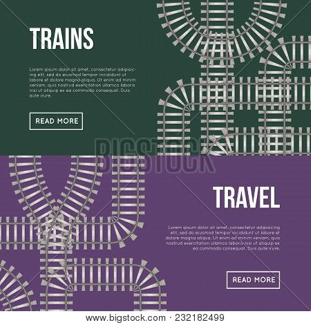 Trains And Travel Banners With Rail Padding On Colorful Background.