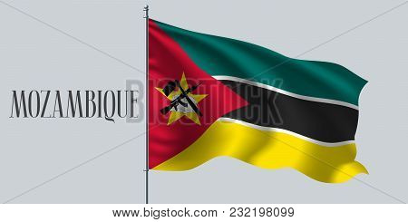 Mozambique Waving Flag On Flagpole Vector Illustration. Green Yellow Red Element Of Mozambican Wavy 