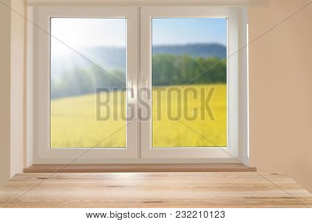 Composite Image - Mockup Of An Empty Table On A Background Of A Beautiful Sunny Mountain Landscape I