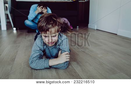 Angry Stressed Kids And Tired Father, Family Problems