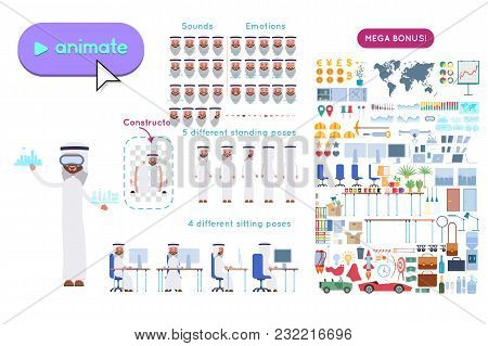 Animation Set Arab Saudi Businessman Character. Animation Of Sounds, Emotions. View Straight, Side, 