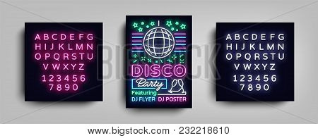 Disco Party Poster Neon Banner. Nightclub Party, Neon Style Flyer, Disco Ball, Musical Night Posters