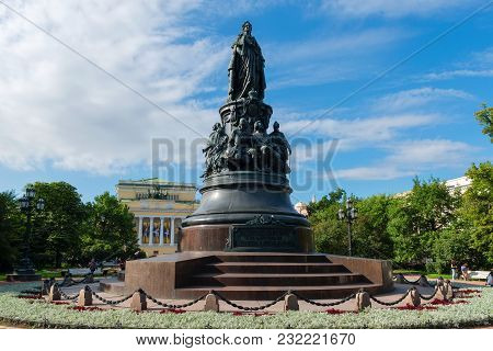 Russia, Saint Petersburg - August 18, 2017: A Bronze Monument To Catherine The Great On Ostrovsky Sq
