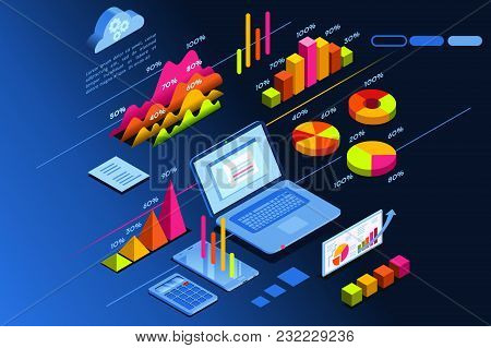 Laptop Monitor Showing Investment Planning Page. Isometric Icon For Web Site Banner. Vector Design.