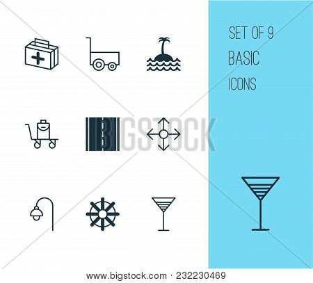 Tourism Icons Set With Medicine, Bag On Cart, Street Light And Other Freight Trolley Elements. Isola