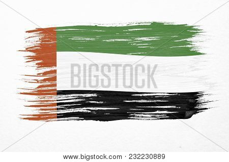 Art Brush Watercolor Painting Of Uae Flag Blown In The Wind Isolated On White Background.