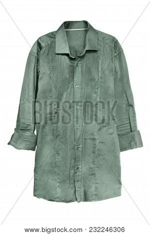 Green Khaki Cotton Shirt With Rolled Up Sleeves On White Background