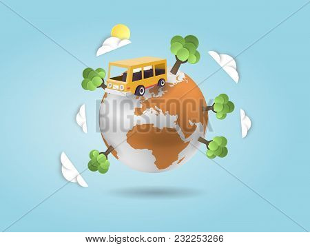 World Traveling In Nature. Buss, Trees, Sky Width 3d Render Globe