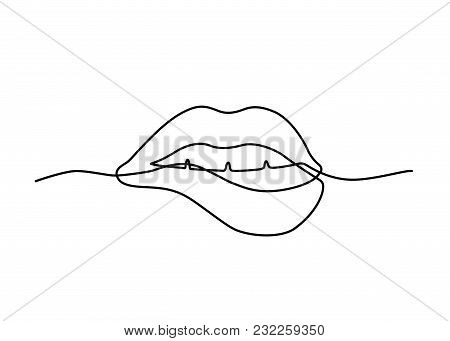 Continuous Line Drawing Of Biting Lips On White Background. Vector Illustration