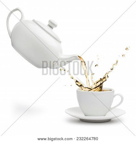 Teapot Pouring Tea Into Cup On White Background