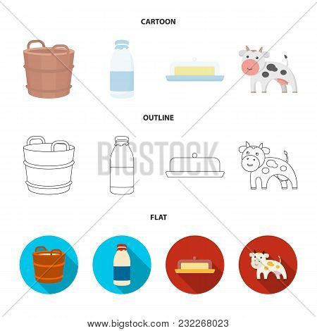 A Barrel Of Milk, Butter, A Cow. Milk Set Collection Icons In Cartoon, Outline, Flat Style Vector Sy