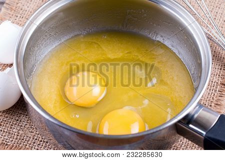 Eggs, Sugar. Cooking Ingredients In Bowl. Ready For Mixing Dough. Cookbook.