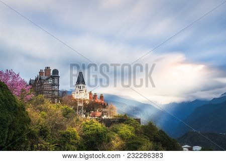 Landscape Scenery View Of Old England Manor With Sunrise Sky Background, Near Cingjing Farm And Ever