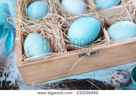Easter Background With Easter Blue Eggs, Pussy-willow And Spring Flowers. Top View
