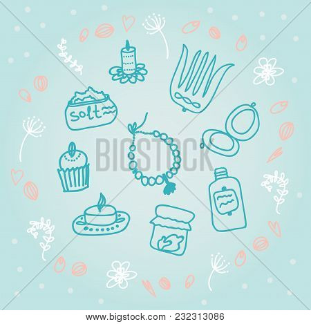 Painted Female Tricks. Beads, Comb, Mirror, Powder, Candle, Bath Salt, Capkake, Cosmetics. Vector Il