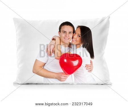Digital printing on the sofa cushion, photo of lovely young couple on pillow isolatedon white background