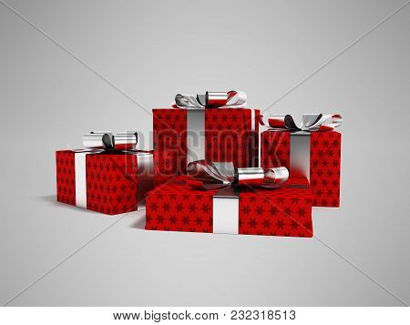 Gifts In A Paper Red Label With A Black Bow 3d Render On A Gray Background With A Shadow