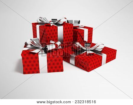 Gifts Of Four In A Paper Red Label With A Bow Gray In Front 3d Render On A Gray Background With A Sh