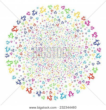 Bright Cow Head Sparkler Sphere. Vector Spheric Cluster Salute Combined From Randomized Cow Head Ite