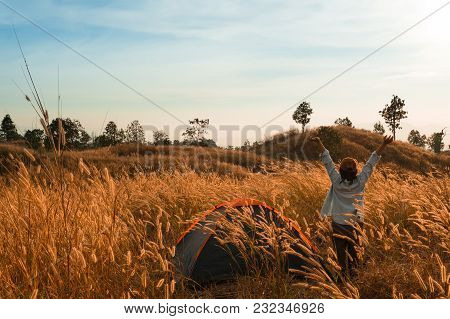Outdoors Camping Grass Highlands Mountain In The Sunset.