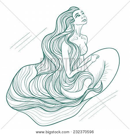 Hand Drawn Beautiful Sadness Mermaid. Retro Style. Isolated Vector Illustration. Tatoo, Mythology. S