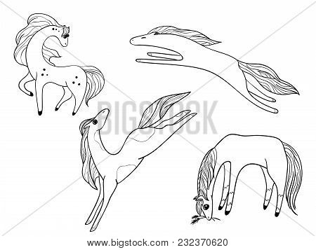 Four Horses Figure Jumping, Hand Drawing. Isolated