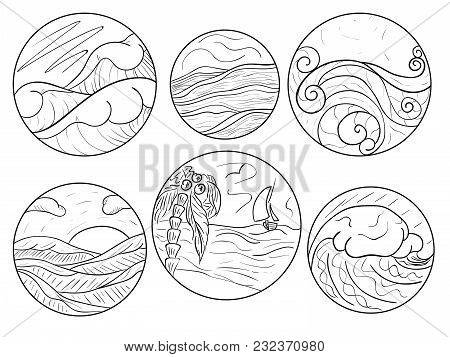 Set Of Six Sea Circles. Seascape Within Each Circle.