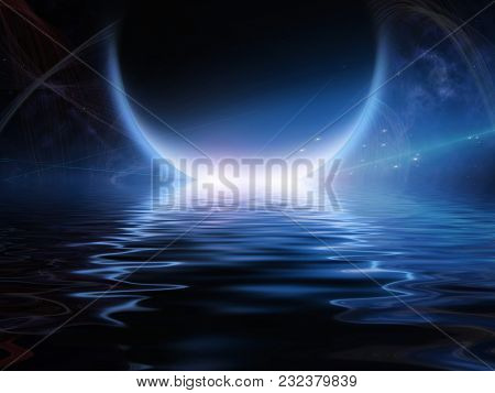 Exosolar Planet Rise over quiet waters. 3D rendering