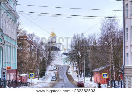 Smolensk, Russia - March 08.2018: Kozlova Street And The Ascension Cathedral On Konenkova Street