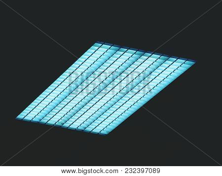 Luminous Ceiling Of Square Panels, Blue Toned Light. Fluorescent Lamps On The Modern Ceiling.