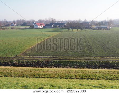 Panorama Of Countryside Landscapes Of Green Grassy Field Next To Artificial Goczalkowice Reservoir I