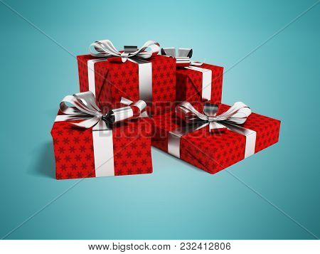 Gifts Of Four In A Paper Red Label With A Bow Gray In Front 3d Render On A Blue Background With A Sh