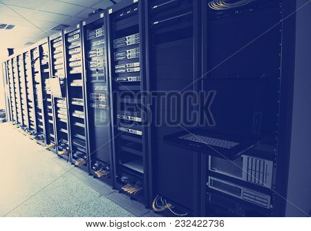 network server room with computers for digital tv ip communications and internet