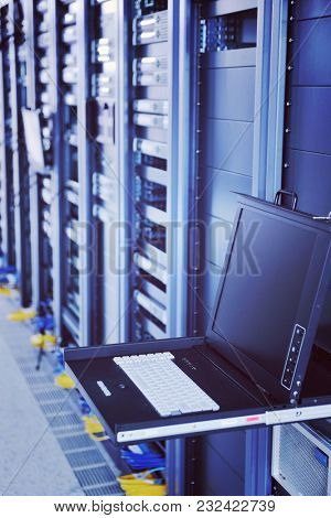 network server room with computers for digital tv ip communications and internet