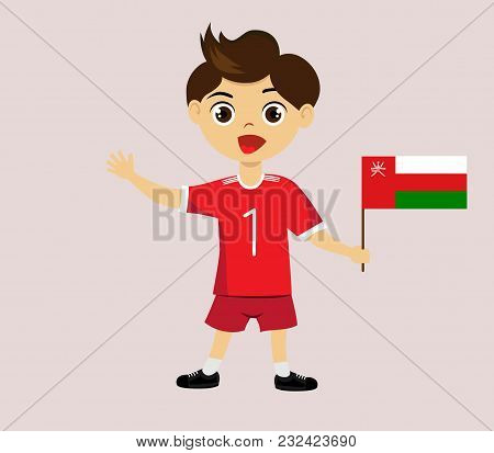 Fan Of Oman National Football, Hockey, Basketball Team, Sports. Boy With Oman Flag In The Colors Of