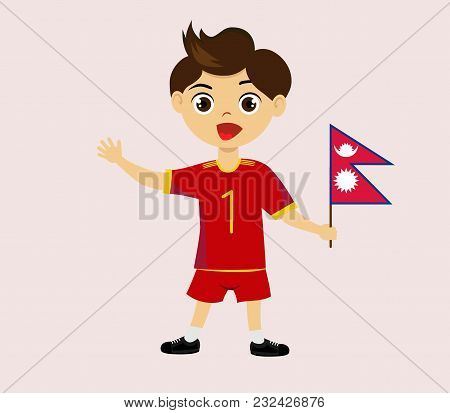 Fan Of Nepal National Football, Hockey, Basketball Team, Sports. Boy With Nepal Flag In The Colors O