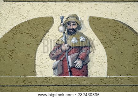 HOHENBERG, GERMANY - JULY 04: Saint James, fresco by Sieger Koder on the wall of the pilgrimage house of St. James in Hohenberg, Germany on July 04, 2017.