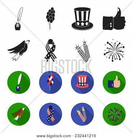 American Eagle, Ribbon, Salute. The Patriot Day Set Collection Icons In Black, Flet Style Vector Sym