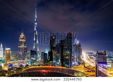 Nighttime high point view of Duba downtowni skyline
