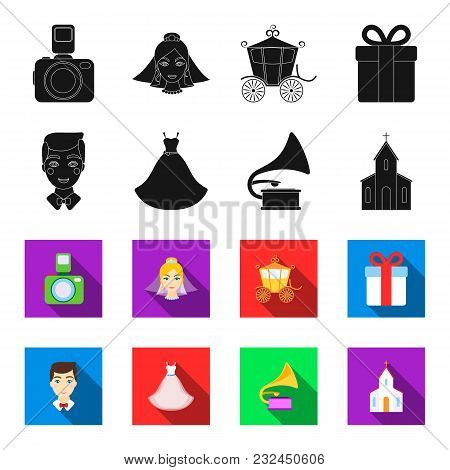 Wedding Dress, Groom, Gramophone, Church. Wedding Set Collection Icons In Black, Flet Style Vector S