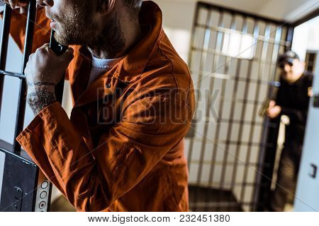 Cropped Image Of Prisoner Leaning On Prison Bars