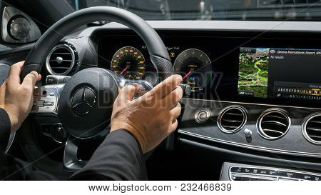 Geneva, Switzerland - March 7, 2018: Interior Dashboard View Of The New Mercedes Benz E300 Diesel Hy
